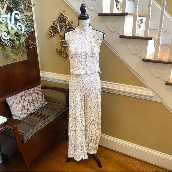 LuLu’s lace off white nude lined halter jumpsuit - Picture 6 of 11